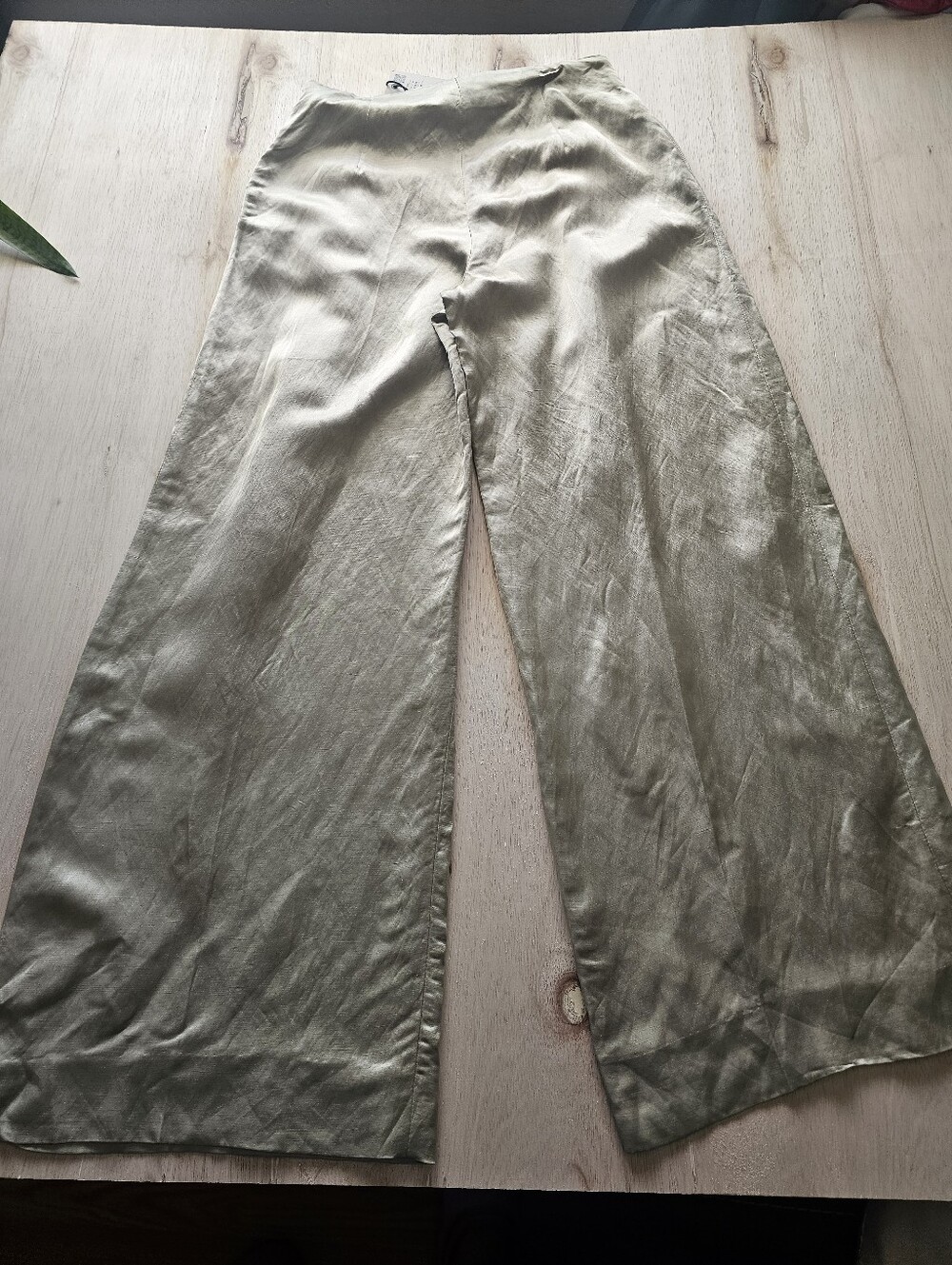 Zara Linen Viscose Wide Leg Pants NWT Light Olive Green Gold Champagne M - Picture 11 of 12